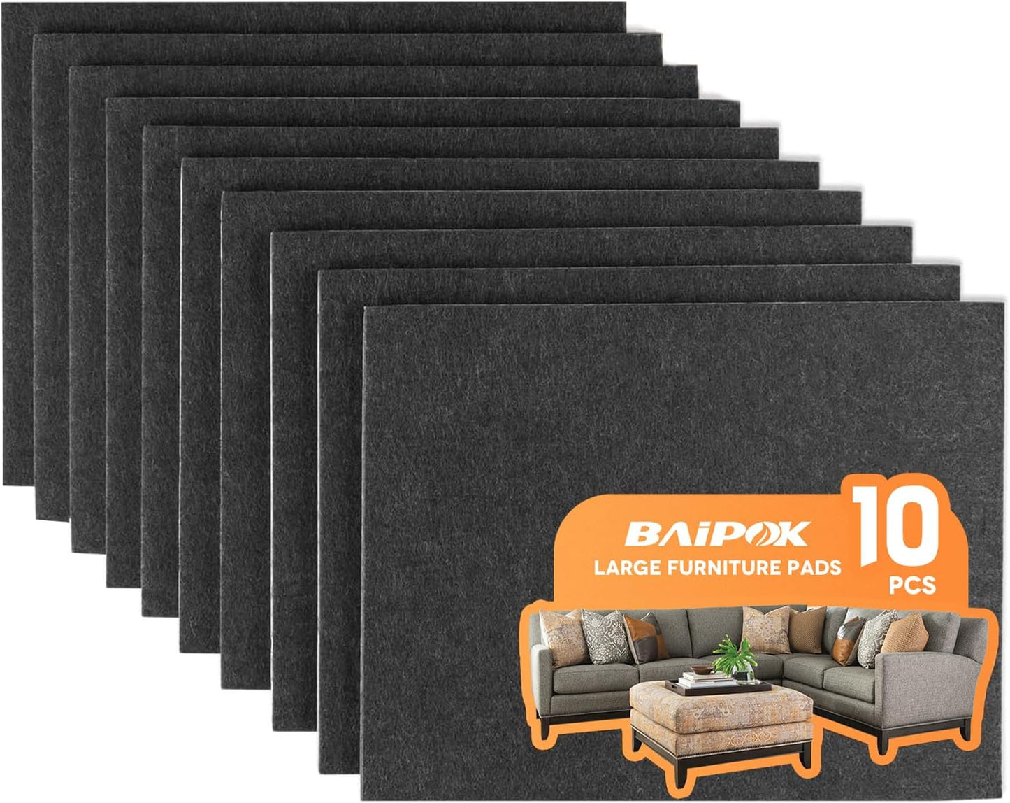 Felt Furniture Pads 10pcs 8" x 6" Adhesive Large Felt Pads, Cuttable | Chair Leg Pads, Hardwood Floor Protectors for Furniture, Black