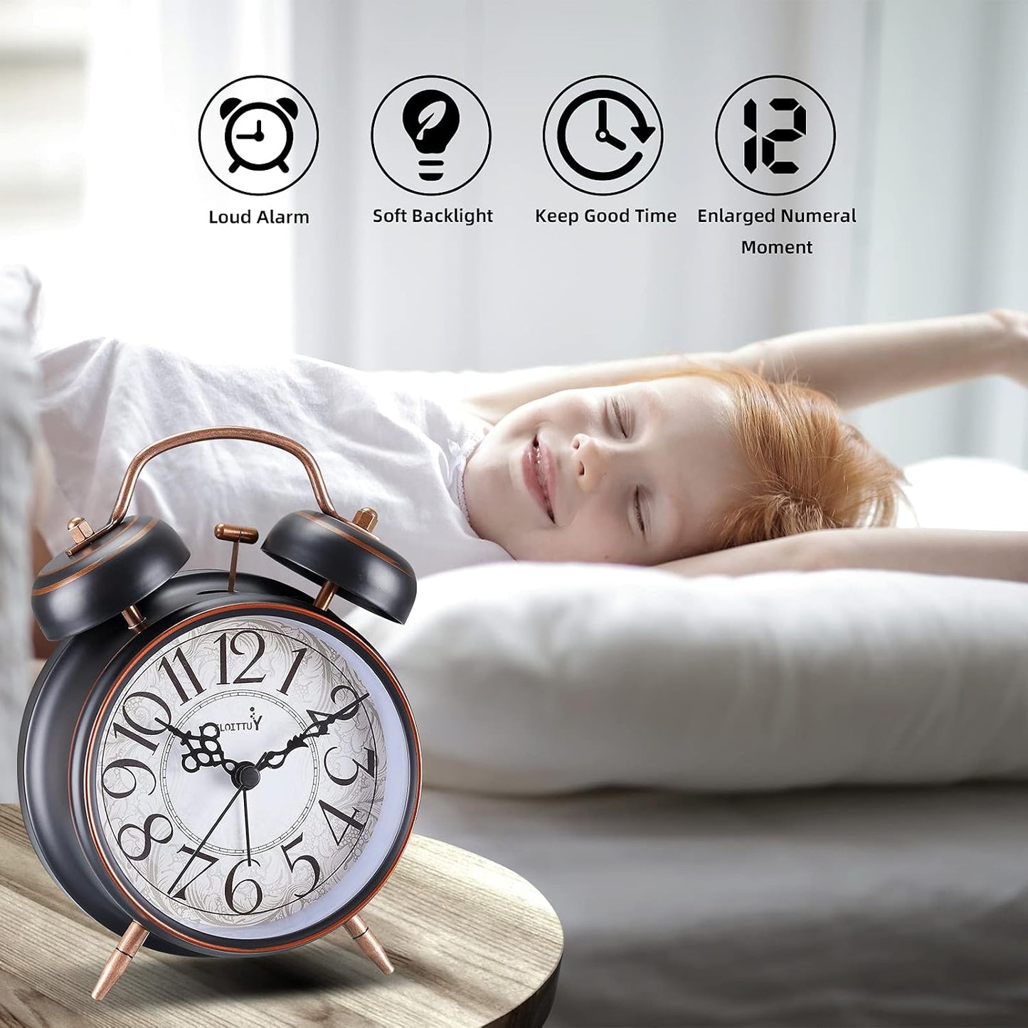 FLOITTUY Loud Alarm for Deep Sleepers 4'' Retro Twin Bell Alarm Clock with Backlight for Bedroom and Home Decoration(Retro Black)