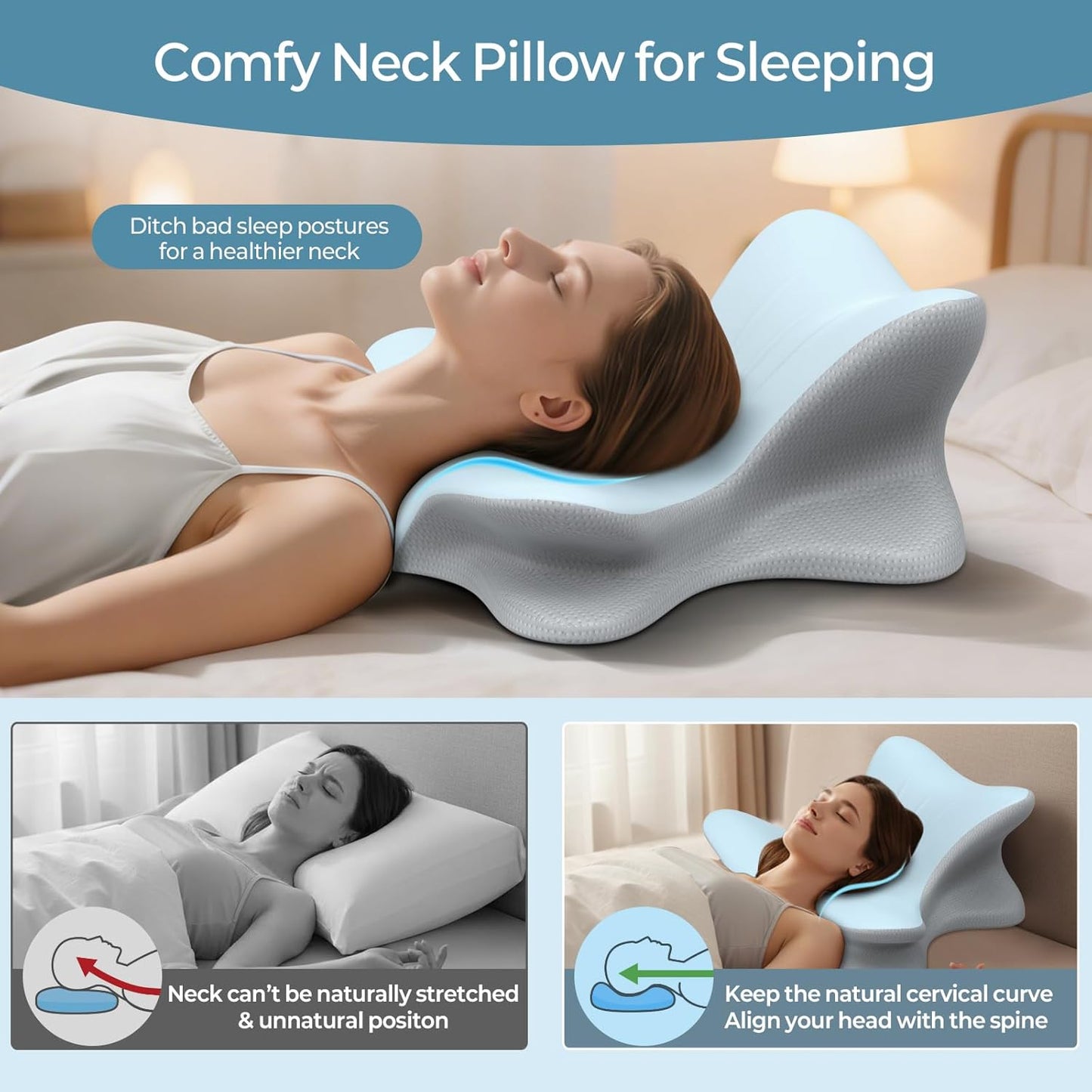 Cervical Neck Pillow for Pain Relief, Ergonomic Reading Pillow for Bed, Orthopedic Wedge Pillow Back Support Pillow, Contour Memory Foam Pillows for Sleeping, Couch Floor Use Lying Reading (Blue)