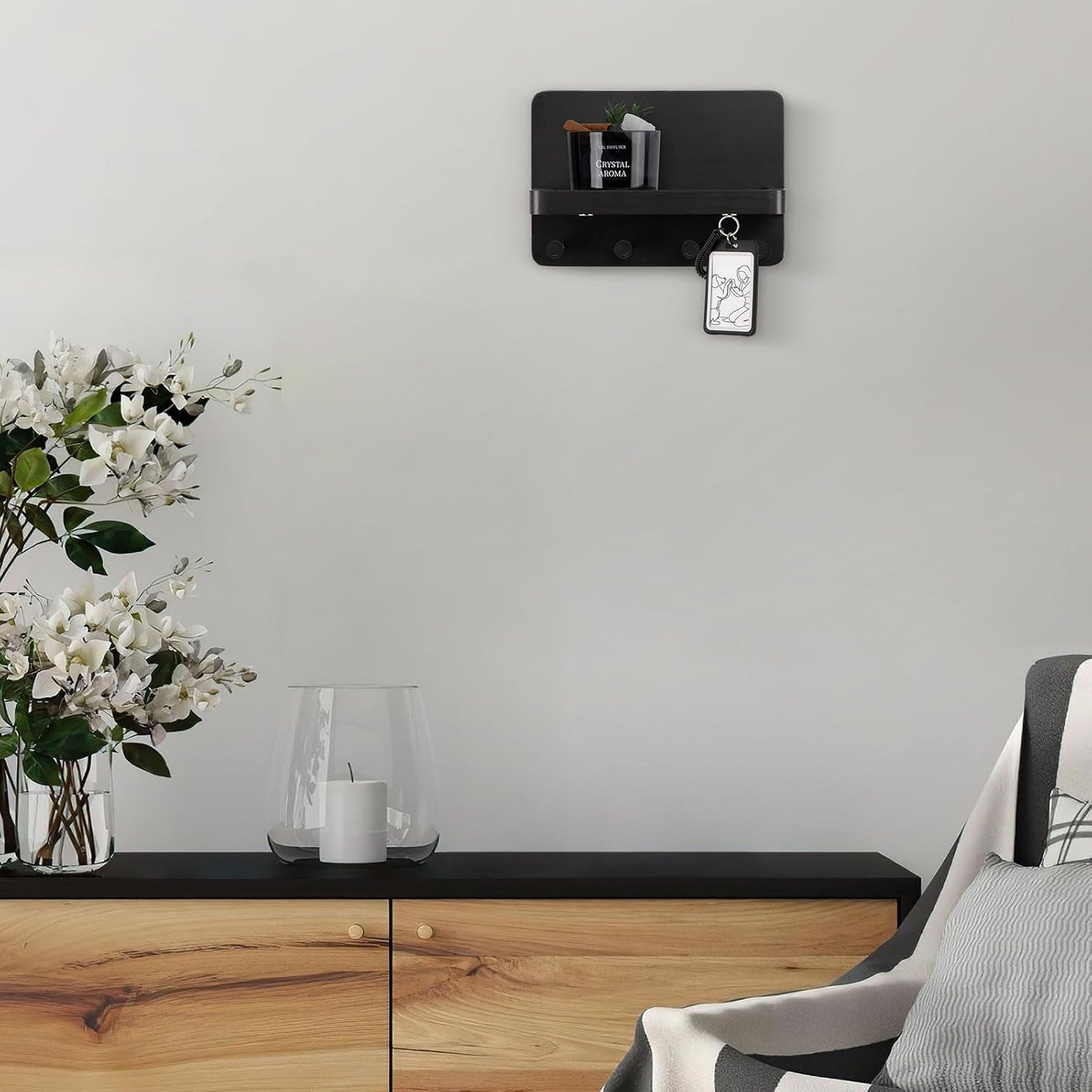 Nekon Key Holder for Wall with Shelf, Pine Wooden Key Hanger, Black | Small Wall Mounted Key Holder with 4 Hooks, Farmhouse Wall Organizer for Home Entryway & Apartment