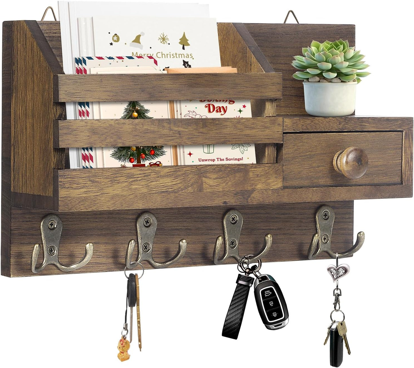 Key Holder Wall Mount, Wooden Key and Mail Organizer, Black | 2 Mount Options, Includes 8 Hooks, Fence Mail Slot, Small Drawer and Shelf, for Entryway, Hallway, Doorway, Living Room, RV