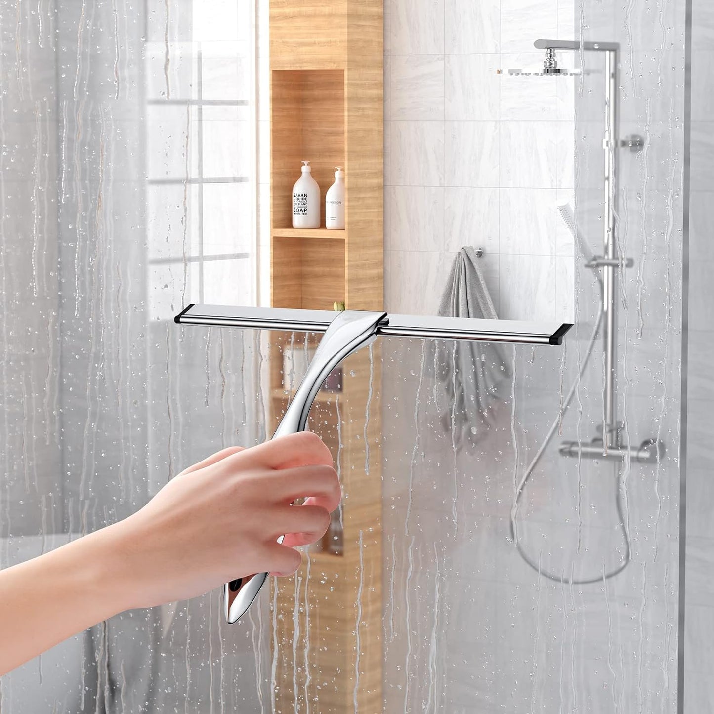 Shower Squeegee and Window Squeegee, Stainless Steel, 100% Streak-Free, Cleaner for Bathroom Showers Glass Doors, Home Mirrors, Car Windows Wiper, Adhesive Holder, Shower Door Hook, 10 Inch, Gold