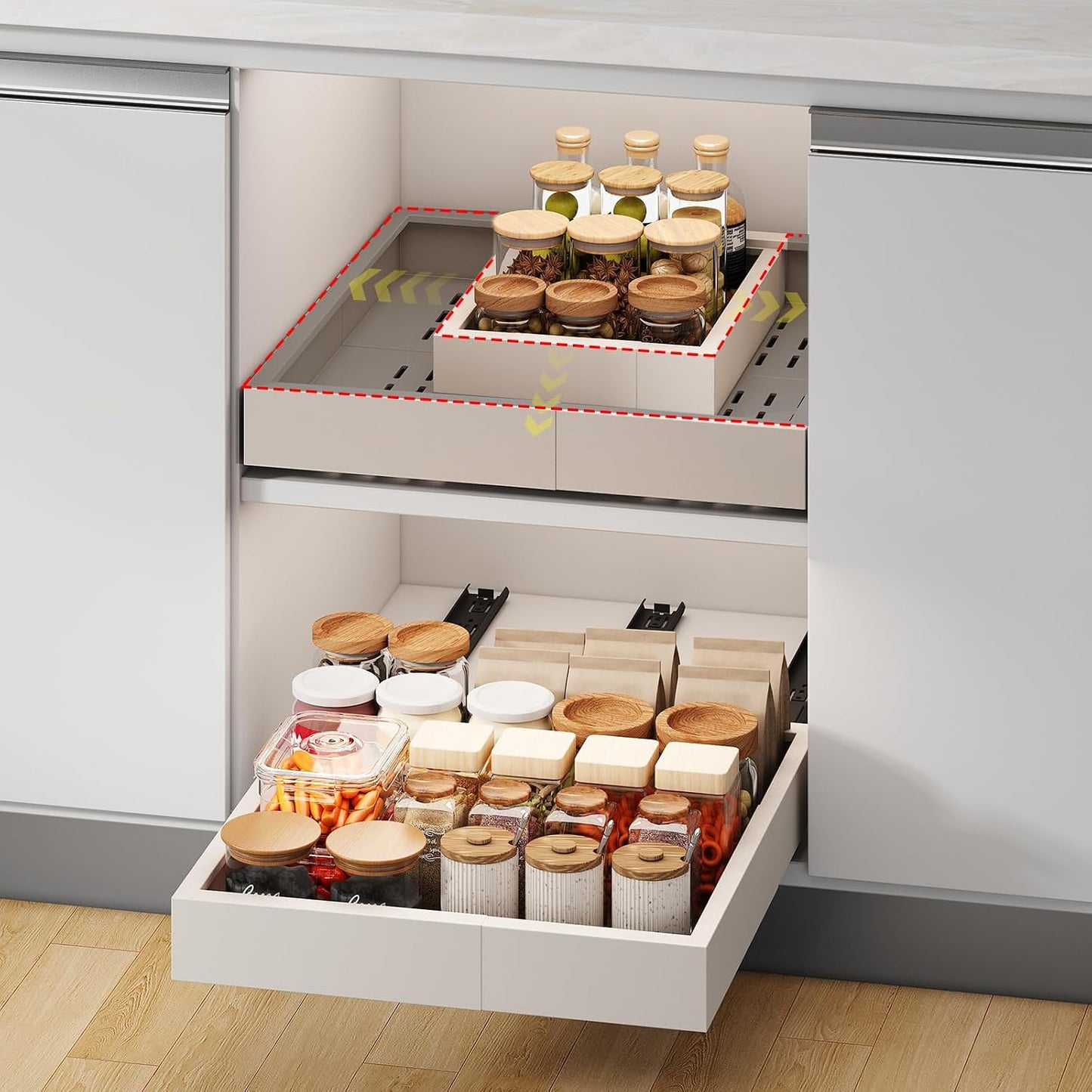 Fokyfok Pull Out Cabinet Organizer,23"-31"W,17"-24"D,Expandable,Adhesive | No Drill,5 Rails,Adjustable Slide out Drawers for Kitchen,Pantry,Roll out Shelves,Cabinets Without Lip,Framless,White,1PC