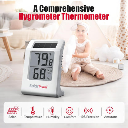 2.2'' Digital Thermometer and Hygrometer Meter, Solar-Powered Indoor Temperature Sensor Humidity Monitor, Humidity Gauge for Baby Rooms, Bedrooms, Home, Office, and Wine Cellars, White, 2Pack