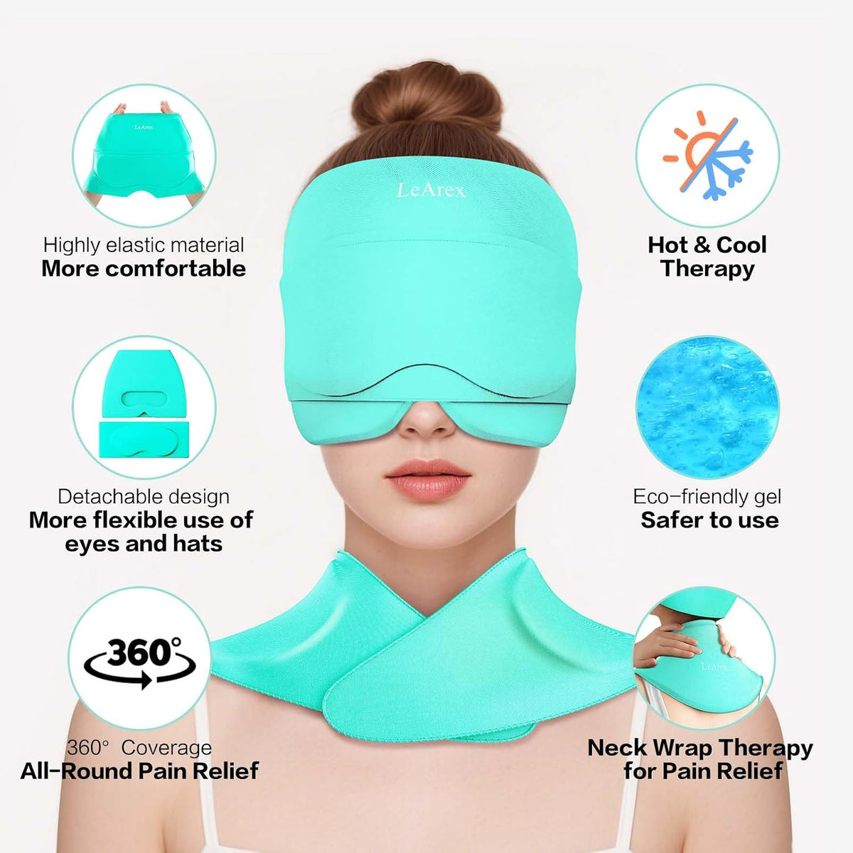 3 in 1 Migraine Relief Cap Neck Ice Pack Wrap Gel and Ice Eye Masks, Detachable Ice Caps with Eyes Masks, Hot and Cold Therapy for Relief of Headaches, Stiff Neck and Eye Fatigue (Purple)