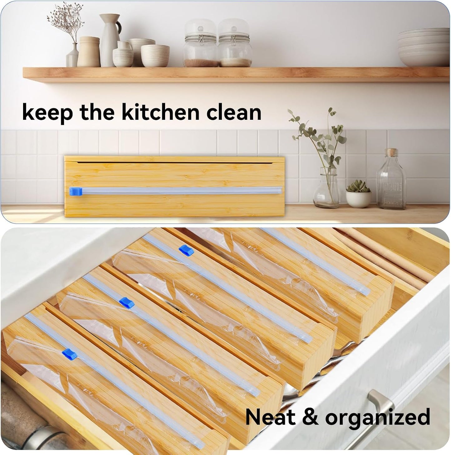 Uncle Jack Plastic Wrap Dispenser with Slide Cutter, Fit 13'' Rolls, Bamboo Aluminum Foil Dispenser with Cutter for Wax Paper, Saran Wrap