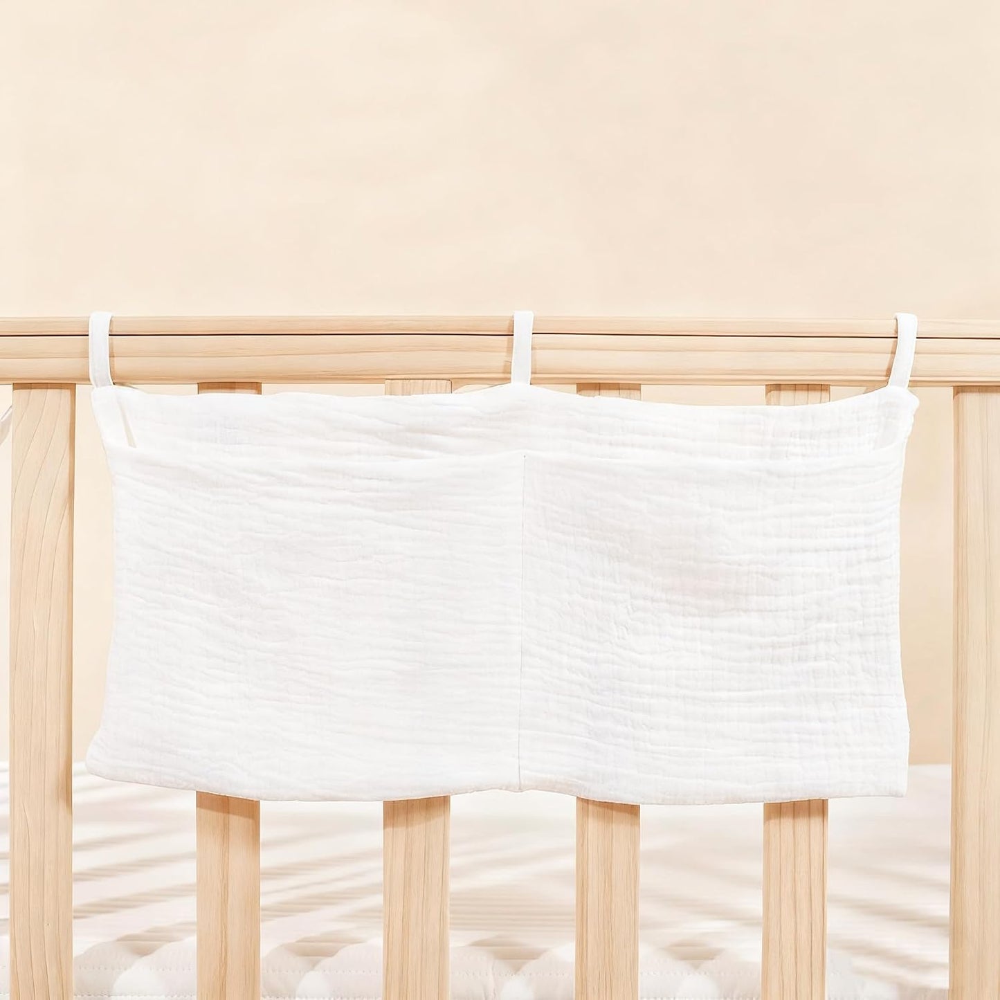 Baby Bedside Hanging Storage Bag Muslin Cotton Teddy Bear, Crib Diaper Caddy Organizer 2 Pockets, Nappy-Dormitory Nursery Organization Holder for Cribs, Playard or Wall Milk Bottle Bib Organizing