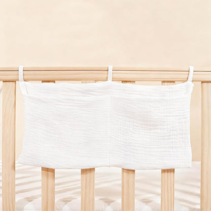 Baby Bedside Hanging Storage Bag Muslin Cotton Teddy Bear, Crib Diaper Caddy Organizer 2 Pockets, Nappy-Dormitory Nursery Organization Holder for Cribs, Playard or Wall Milk Bottle Bib Organizing