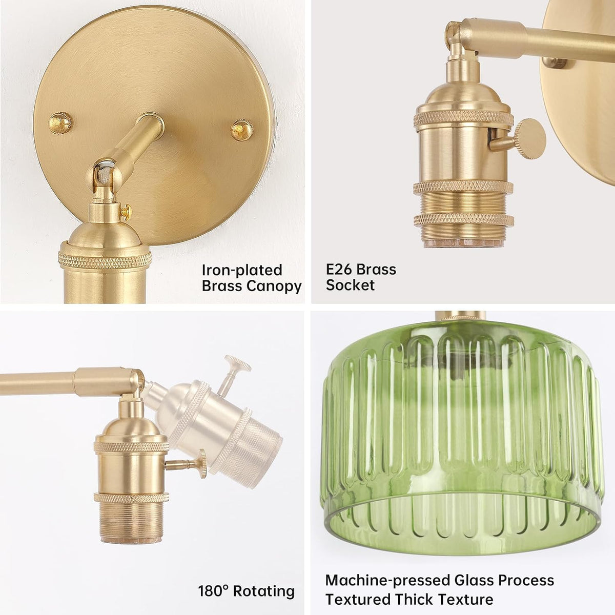 Shenmoyl Battery Operated Wall Sconce with Green Striped Shade Pattern Glass Adjustable Chain Retro Gold Wall Mounted Light, Modern Wall Lamp Fixtures Decor for Bedside Bedroom Indoor Doorway