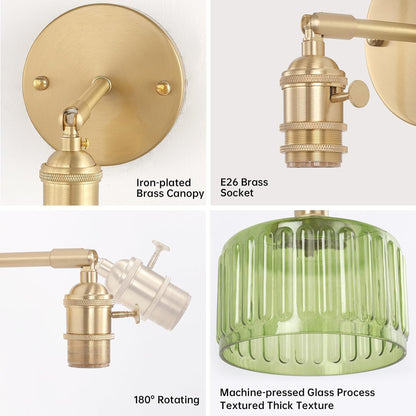 Shenmoyl Battery Operated Wall Sconce with Green Striped Shade Pattern Glass Adjustable Chain Retro Gold Wall Mounted Light, Modern Wall Lamp Fixtures Decor for Bedside Bedroom Indoor Doorway