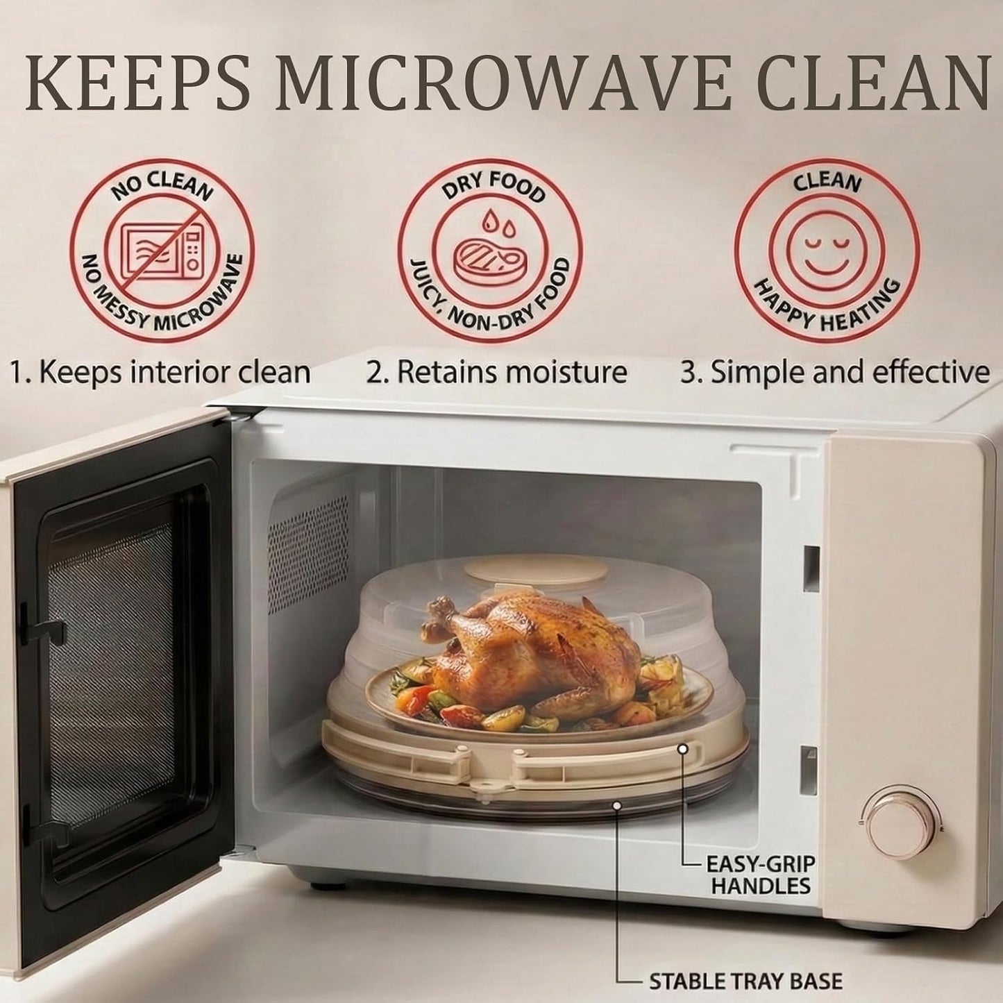 Microwave Splatter Cover with Base Plate and Water Steamer,Collapsible Microwave Cover for Food with Handle and Seasoning Groove, Clear Plate Covers,Food Safe,BPA Free,House Gifts (Creamy White)