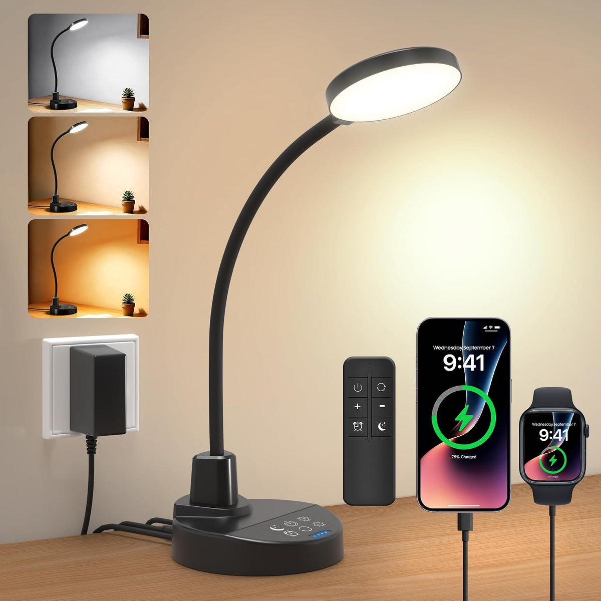 15W LED Desk Lamp with USB Charging Ports – Dimmable Table Lamp with 3 Color Temps, 5 Brightness, 4 Timers, Flexible Gooseneck Light with Base, Eye-Caring Reading Light for Home Office, Bedroom, Study