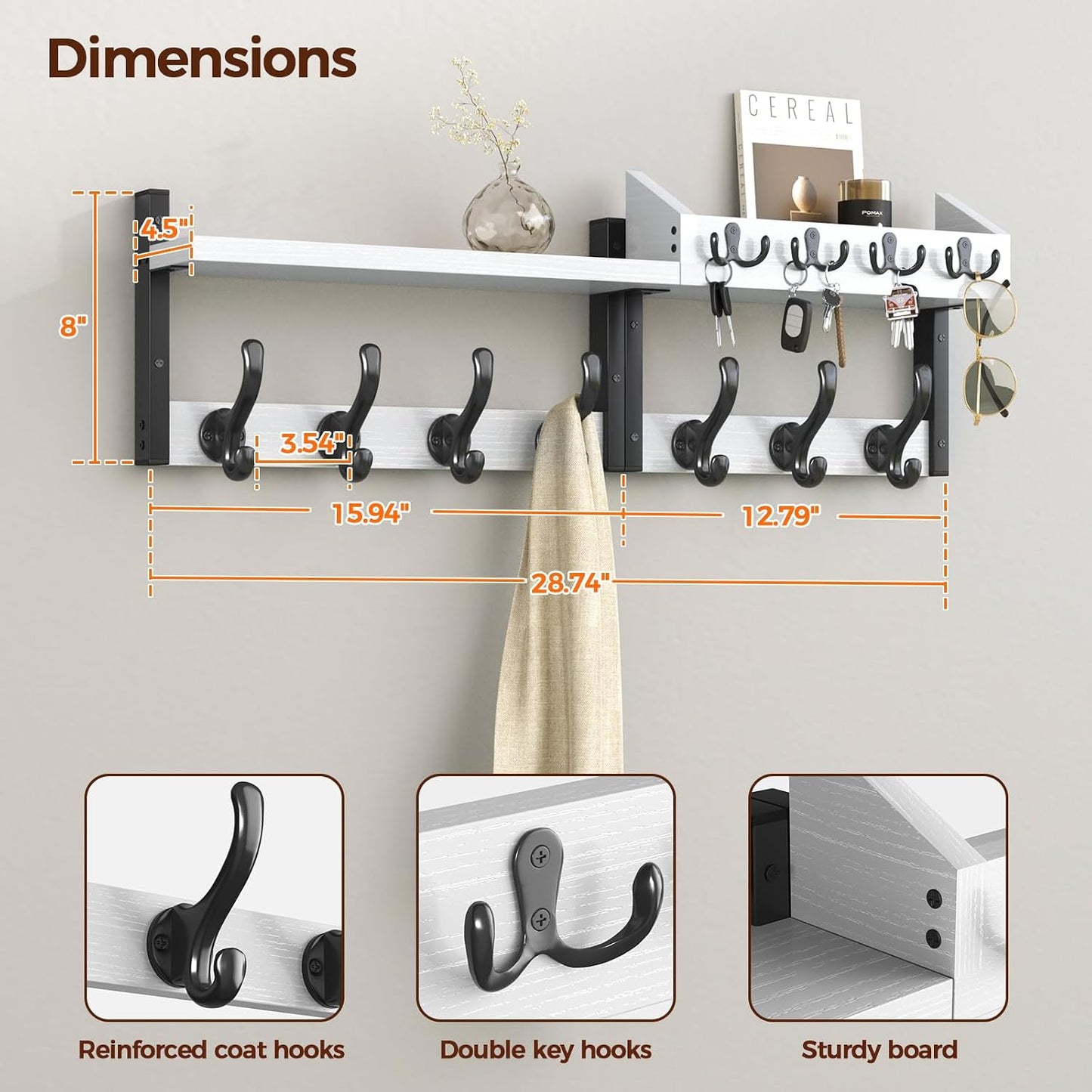 Evermagin 29" Coat Rack Wall Mount with Shelf for Entryway, Rustic Brown | Wall Mounted Coat and Key Rack with Hooks, Key Holder with Mail Organizer for Wall, Living Room, Mudroom, Bedroom