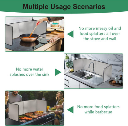 Silver Large 2 Pieces 2 Sided Stainless steel Splatter Guard for Frying Stove Top,Oil Splash Guard Cooking for Stove,Non Stick Foldable Splatter Screen