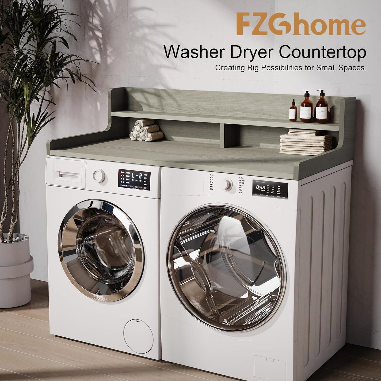 Washer Dryer Countertop, 54" x 27.55" 2-Tier Washer Dryer Topper with Edge, for Laundry Room Organization Oak