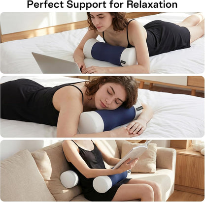 Neck Roll Pillow - Cooling Cover Round Neck Pillow for Sleeping - Memory Foam Cervical Support Pillow - Ergonomic Cylinder Pillows for Neck, Leg, Back, Yoga, Relaxing (Blue Grey)