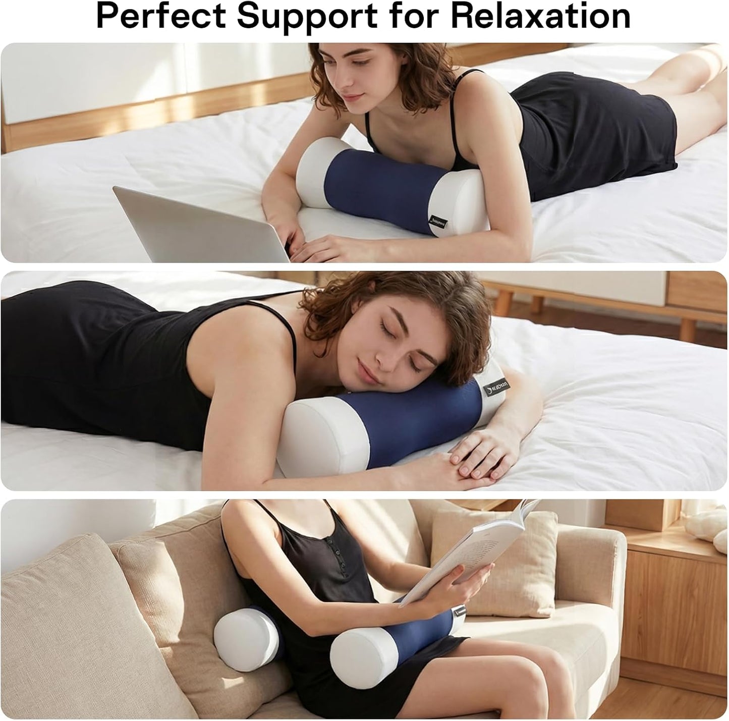Neck Roll Pillow - Cooling Cover Round Neck Pillow for Sleeping - Memory Foam Cervical Support Pillow - Ergonomic Cylinder Pillows for Neck, Leg, Back, Yoga, Relaxing (Grey Blue)
