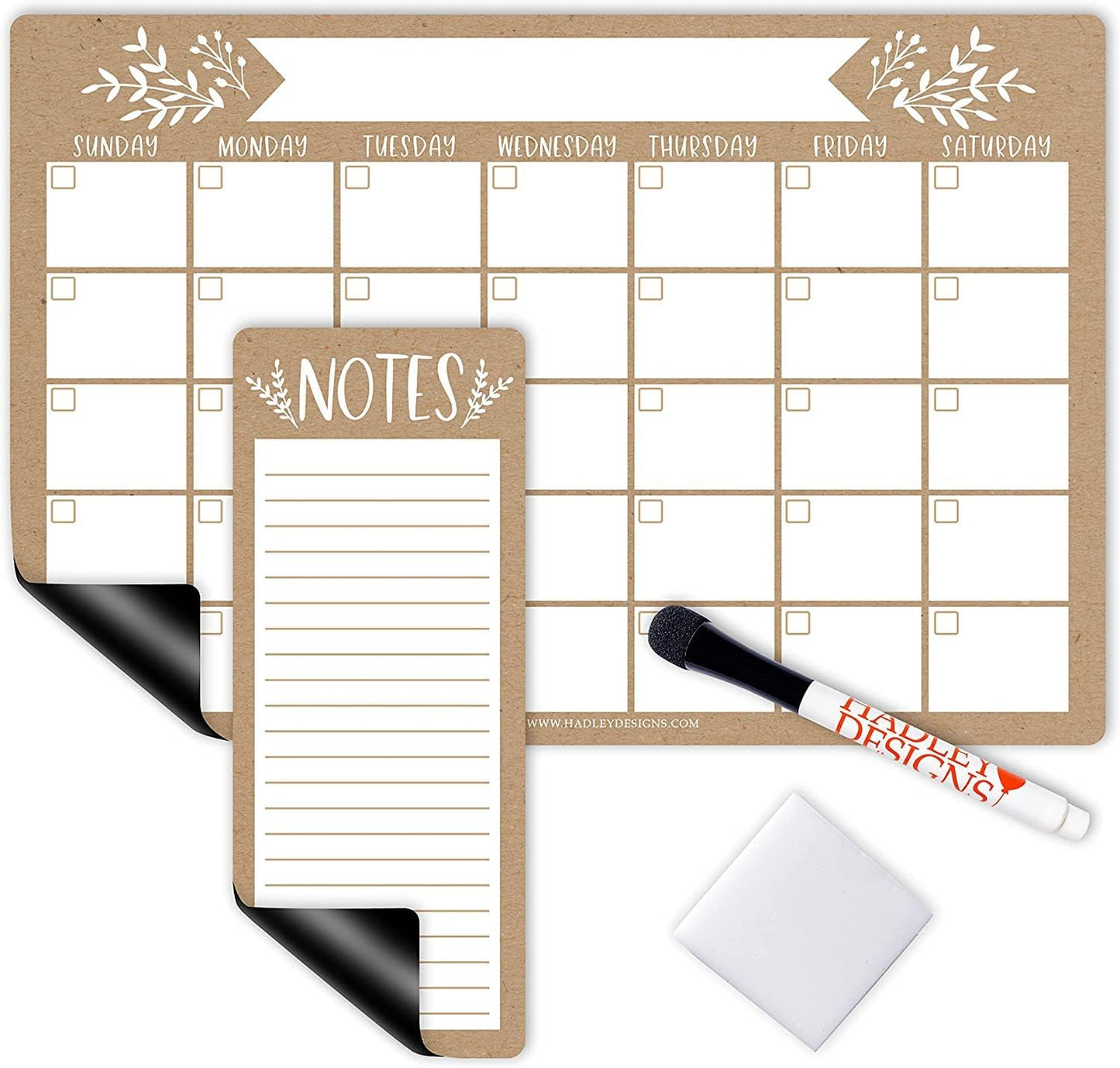Hadley Designs Magnetic Calendar for Refrigerator - Kraft White Magnetic Dry Erase Calendar, Dry Erase Calendars for Wall, Magnet Fridge Calendars, Notepad for Fridge with Magnet