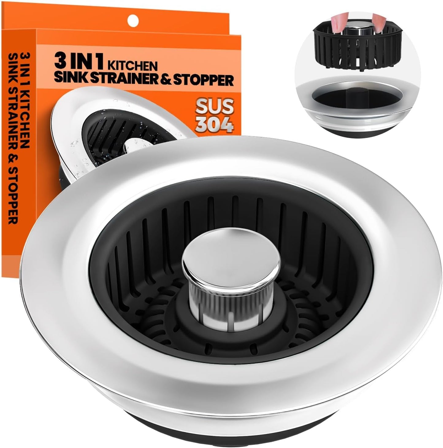 3 in 1 Kitchen Sink Drain Strainer and Stopper Silver 1 Pack | Kitchen Sink Accessories Strainer Basket with Removable Insert - Stainless Steel Food Catcher, Easy Clean Pop-Up