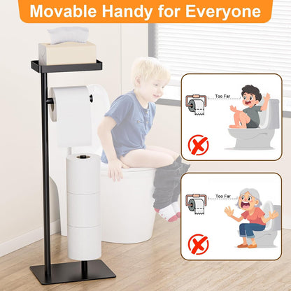 Toilet Paper Holder Free Standing - Toilet Paper Stand with Shelf | Storage for 4 Rolls- Bathroom Organizers, No Drill, for Large Toilet Rolls, 29.7 inch*12.6 inch (Matte Black)