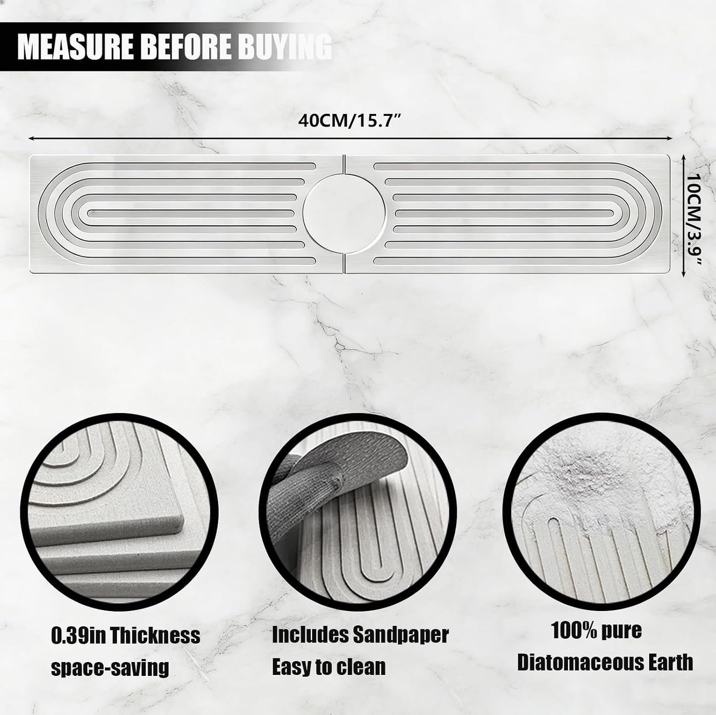 Diatomite Kitchen Faucet Mat – Quick Drying Stone Sink Tray & Splash Guard, Super Absorbent Moisture-Proof Sink Pad for Kitchen Counter Accessories(15.7" x 3.9")