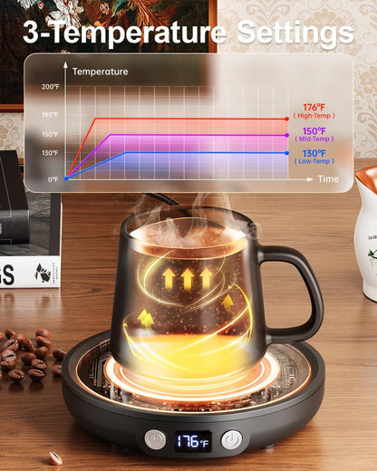 SWEETFULL Mug Warmer for Desk, Coffee Cup Warmer with Timer - Wood | 36W Fast Heating, 3-Temp Setting, Digital Display, 2-12H Timer, Smart Electric Coffee Candle Plate, Ideal Gifts for Women Men