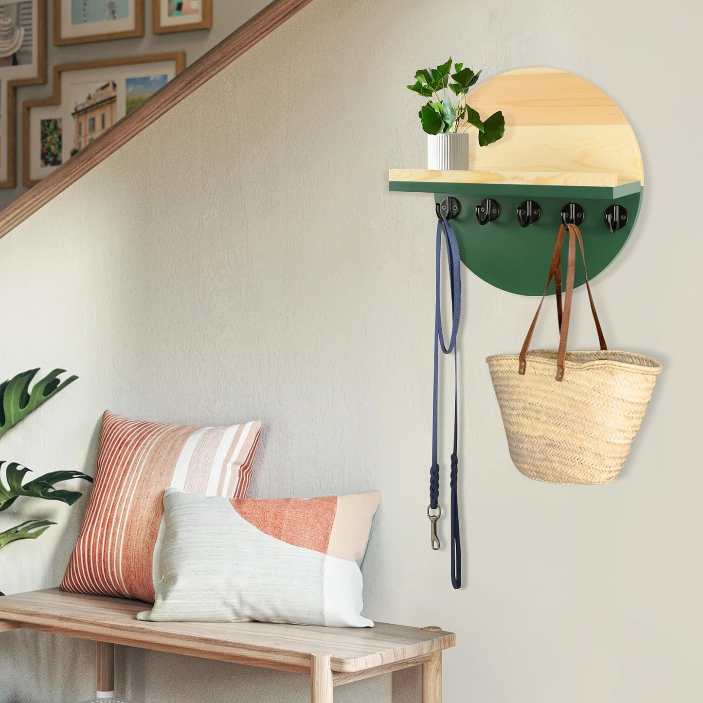 Gurfuy Key Holder for Wall with Shelf - Wood Mail Organizer and Rack with Shelf Hooks Wall Mounted for Entryway Decor Magazines Letter Storage Farmhouse Living Room Bedroom Doorway Green
