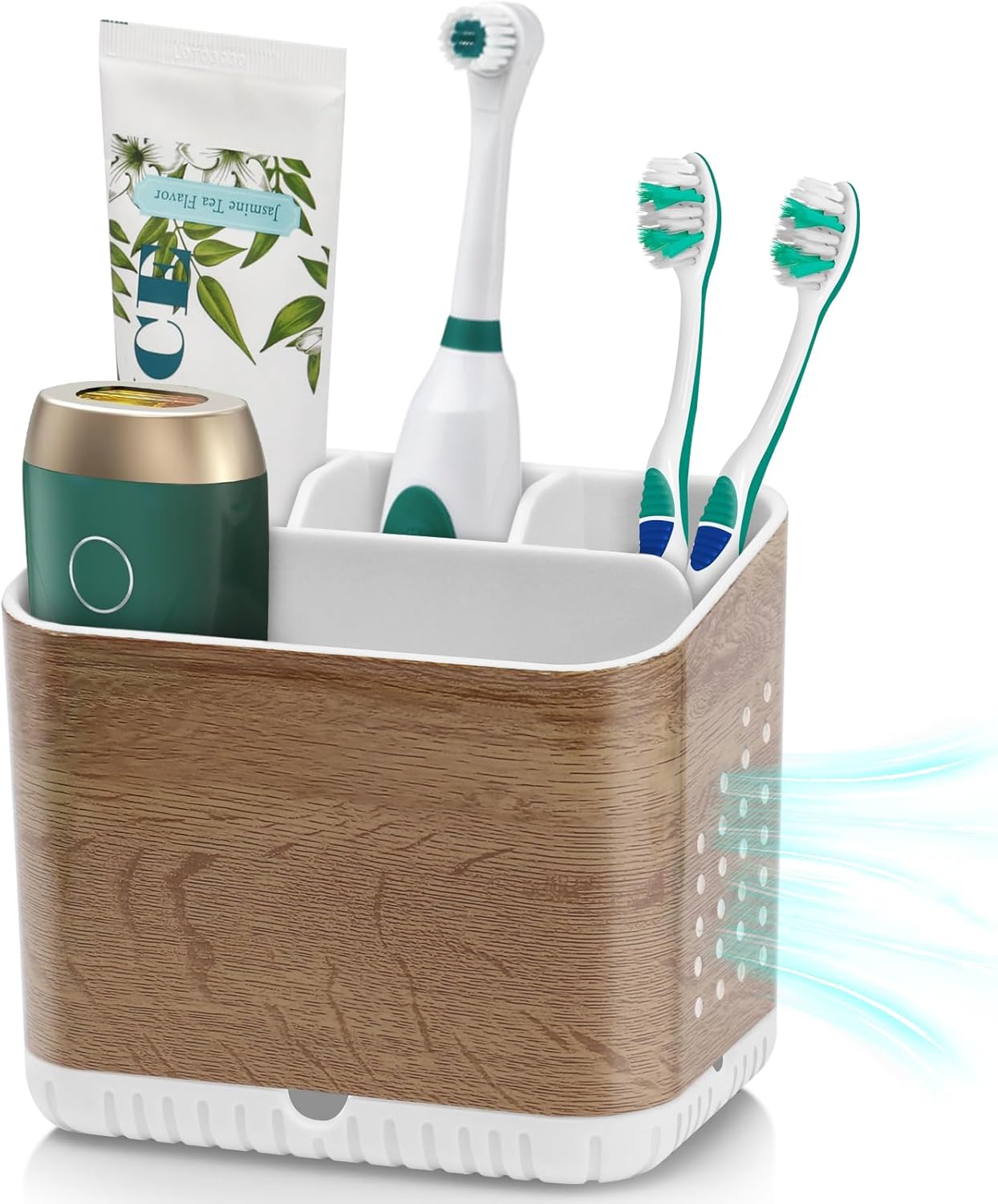 Bathroom Toothbrush Holders, Toothbrush and Toothpaste Holder (Wood Grain) | Easy To Clean, Drainage, Removable, Non-Slip, 4 Slots Tooth Brush Holder for Bathroom Countertop Organizer