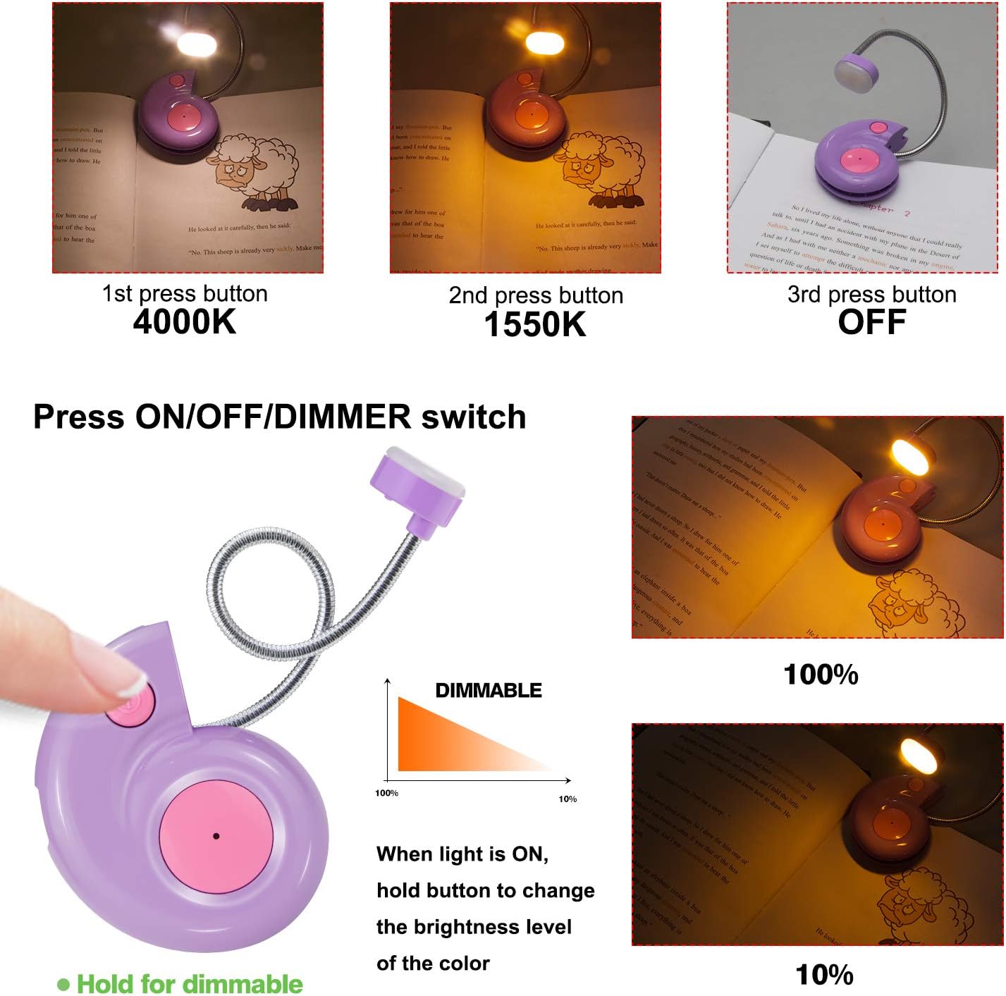Kids Rechargeable Book Light, Clip on Reading Light for Kid, Kids Reading Lights, Amber Book Light for Reading in Bed, 2 Lighting Modes, Blue Light Blocking, Bookmark Light for Bookworms-Green