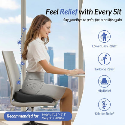 ZIKEE Ergonomic Seat Cushion with Thigh Slope for Long Sitting Comfort | Memory Foam Office Chair Cushion for Car, Home, U-Shaped Design Relieves Hip, Tailbone Pain, Sciatica Pain Relief, Non-Slip