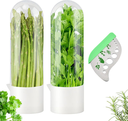 3Pcs Refrigerator Herb Keeper with Herb Peeler, Transparent Window & Removable Filler Cap, Extends Freshness Up to 2-3 Weeks for Cilantro, Basil, Parsley, Mint & Greens