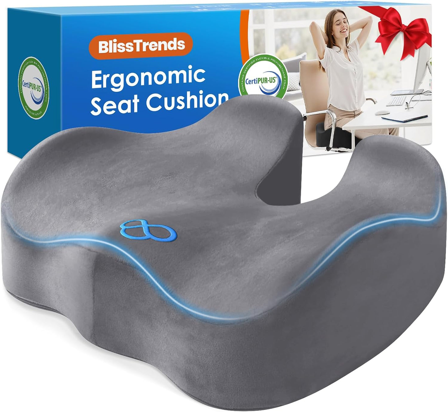 BlissTrends Memory Foam Seat Cushion for Office Chair & Car Seat, Black | 4.7in Ergonomic Tailbone & Sciatica Support with Removable Velvet Cover for Pressure Relief and Long Sitting Comfort
