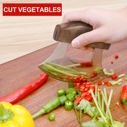 Pizza Cutter Chef Mezzaluna Ulu Knife Handle Color Wood Grip Sharp Rocker Slicer Stainless Steel Blade Salad Onion Vegetable Chopper with Holder Base Christmas Gifts