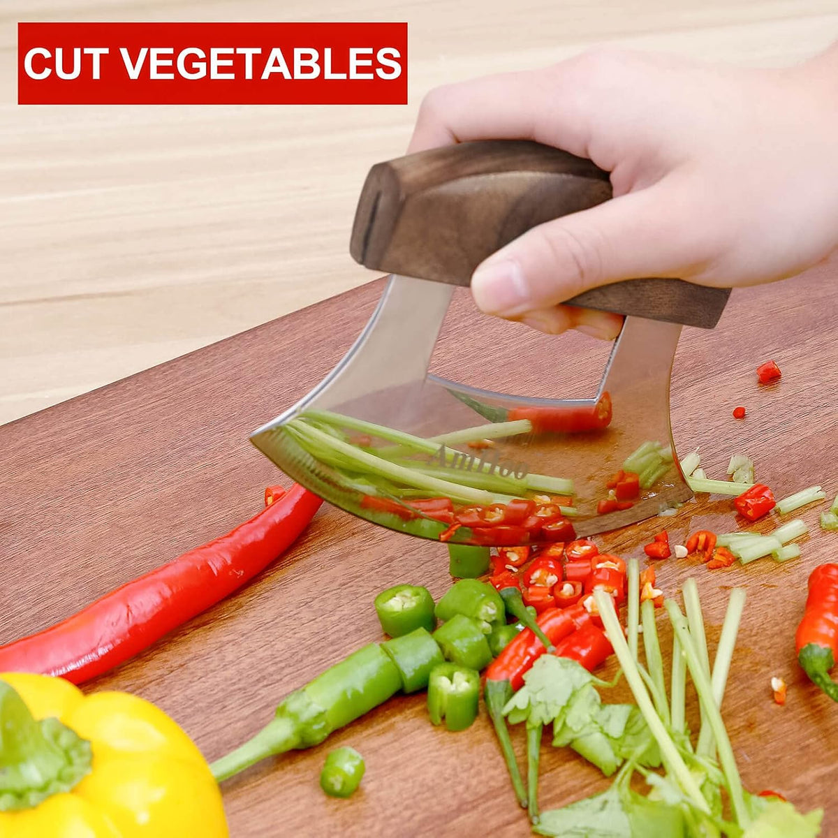 Amhoo Pizza Cutter Chef Mezzaluna Ulu Knife Handle Color Wood Grip Sharp Rocker Slicer Stainless Steel Blade Salad Onion Vegetable Chopper with Holder Base Christmas Gifts