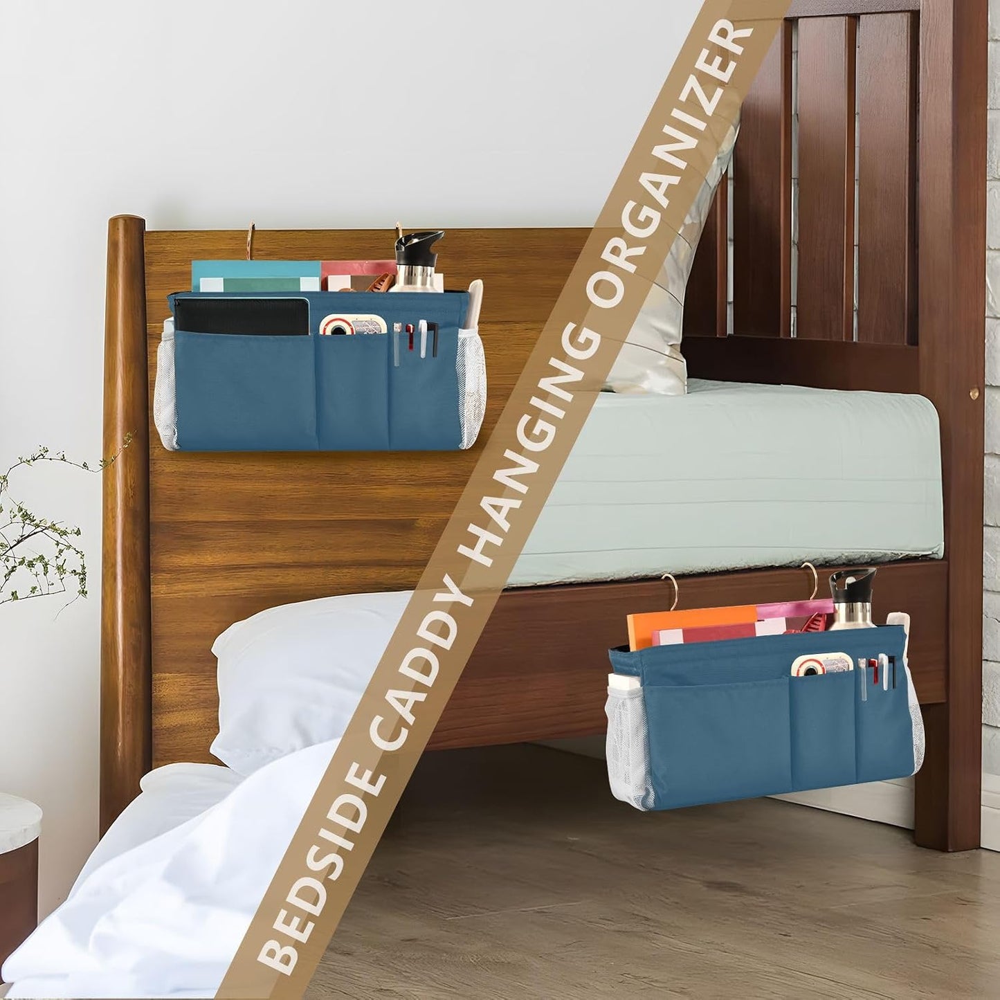Black Bedside Caddy Storage Bag Bedside Organizer for Bed Rails College Dorm Room Organizer Caddy Hanging Shelf 6 Pockets with Hooks for Drinks Magazine Phone Holder
