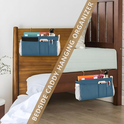 Black Bedside Caddy Storage Bag Bedside Organizer for Bed Rails College Dorm Room Organizer Caddy Hanging Shelf 6 Pockets with Hooks for Drinks Magazine Phone Holder