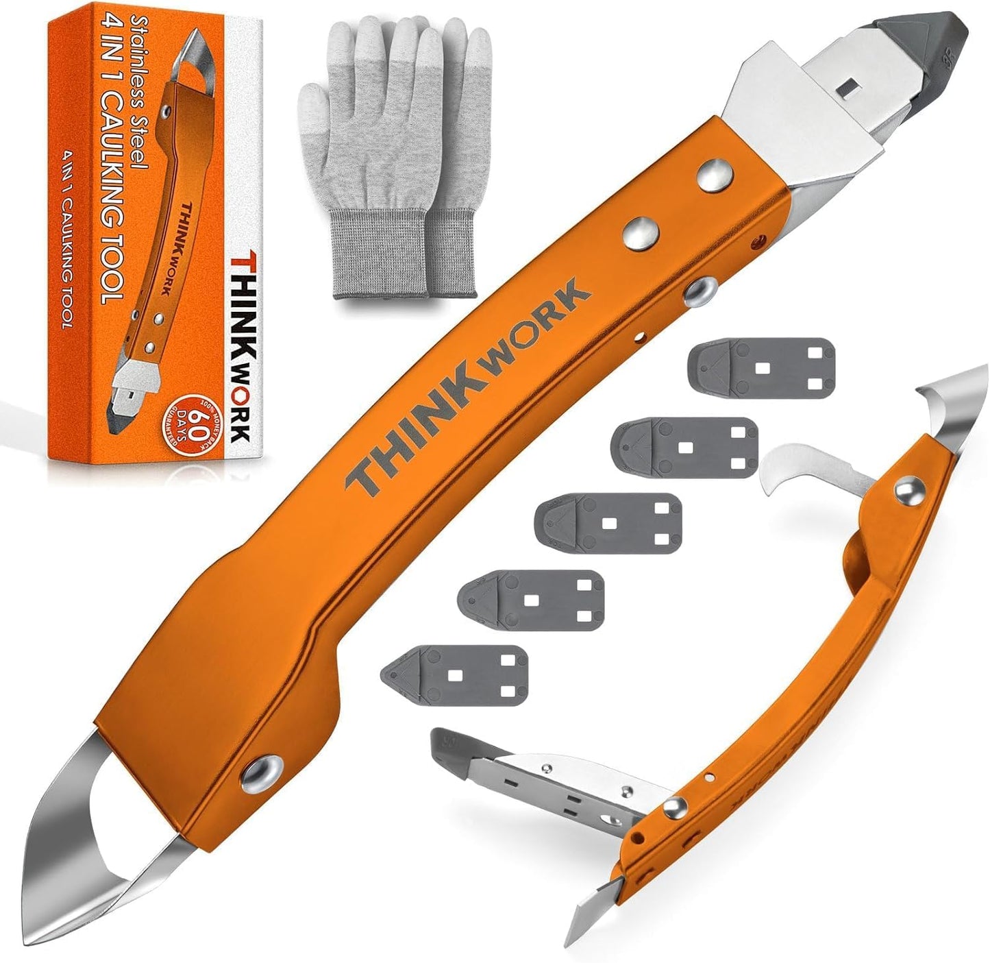 4 in 1 Silicone Caulking Tool Kit, Stainless Steel Caulk Remover Tool | Durable Construction, Quick & Easy to Use, 5 Replaceable Silicone Pads, Protective Gloves, Remove, Apply & Finish Caulk