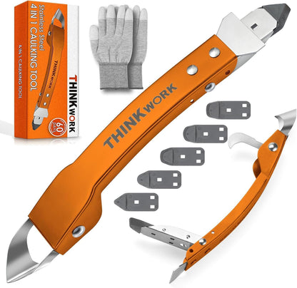 4 in 1 Silicone Caulking Tool Kit, Stainless Steel Caulk Remover Tool | Durable Construction, Quick & Easy to Use, 5 Replaceable Silicone Pads, Protective Gloves, Remove, Apply & Finish Caulk
