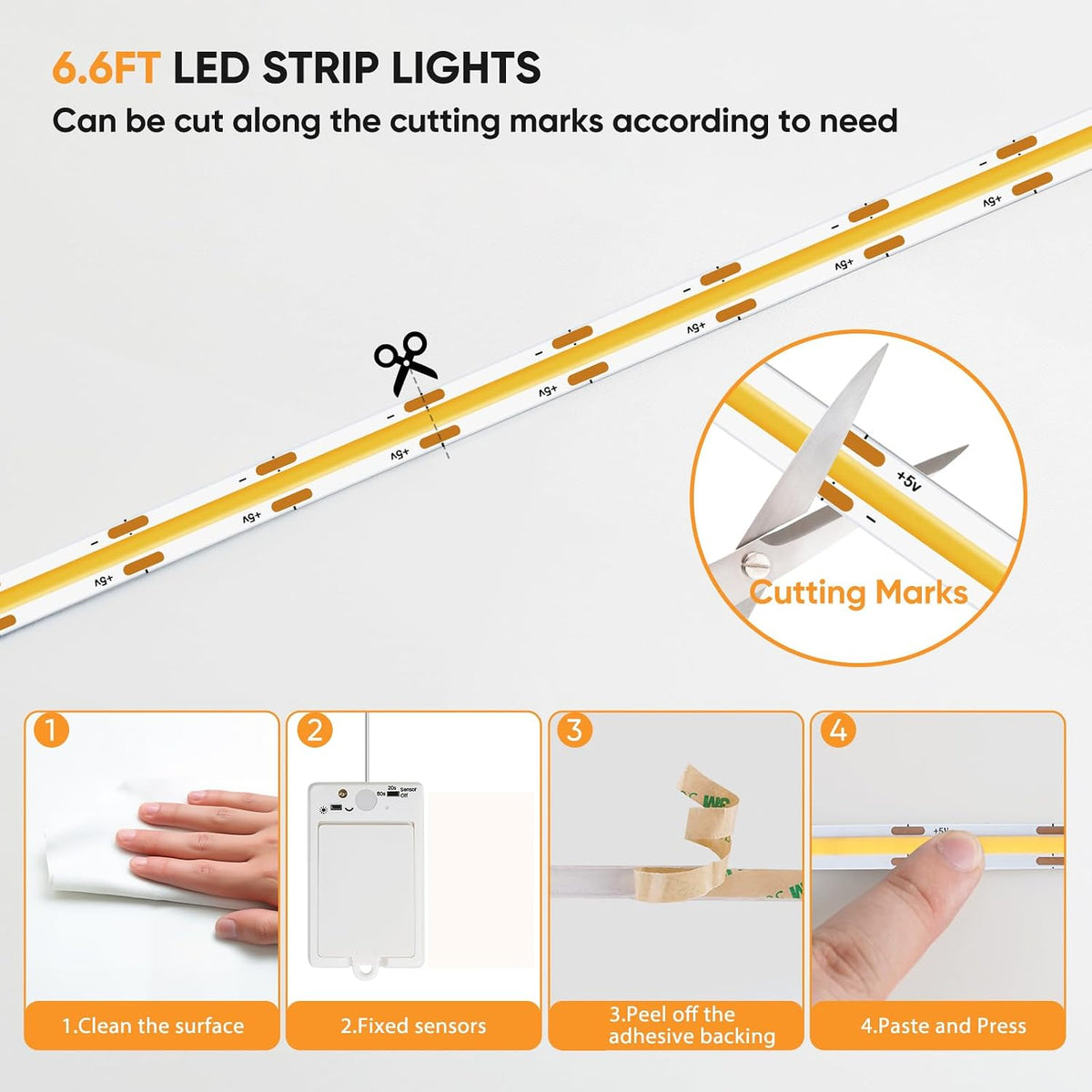OMIKA Dual Sensor Stair Lights Indoor, Rechargeable 16.4ft LED Strip Light, 150 LEDs Double Motion Activated Under Bed Night Lights for Shelves, Stairway, Closet, Corridor, Bedroom, 6000K Cool White