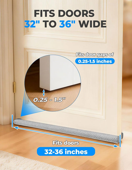 Premium Velvet Under Door Draft Stopper Noise Blocker – Blocks Drafts, Dust, Noise & Light, 32-36 Inch Adjustable Door Sweep Gap Filler Bottom Door with Secure Hook & Loop Tabs