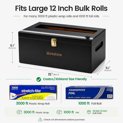 Libreshine 12-Inch Bamboo Plastic Wrap Dispenser with Cutter for Large Roll | Fits many 3000 ft plastic wrap and 1000 ft foil rolls, including Kirkland Signature rolls sold at Costco