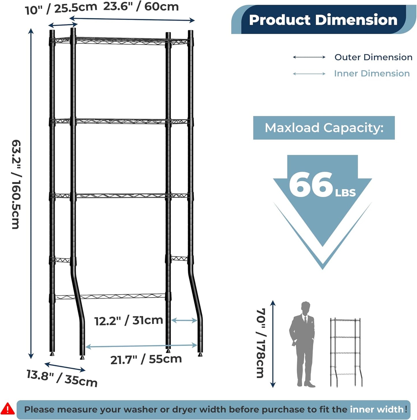 Laundry Room Storage Shelf & Organizer, 2 Tier Metal Over Washer and Dryer Shelves, Washing Machine Shelf with Hanger Rod, Expandable Bathroom Space Saver Shelf, 26–37" L x 15.8" W x 59.5" H, Black