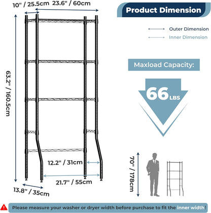 Laundry Room Storage Shelf & Organizer, 2 Tier Metal Over Washer and Dryer Shelves, Washing Machine Shelf with Hanger Rod, Expandable Bathroom Space Saver Shelf, 26–37" L x 15.8" W x 59.5" H, Black