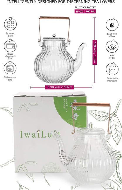 Stovetop Safe Glass Teapot with Removable Infuser Fine Borosilicate Tea Pot perfect for Fruit Flowering Tea Canister Premium Quality Tea Kettle Gift IW-G086 (25OZ, LINE)