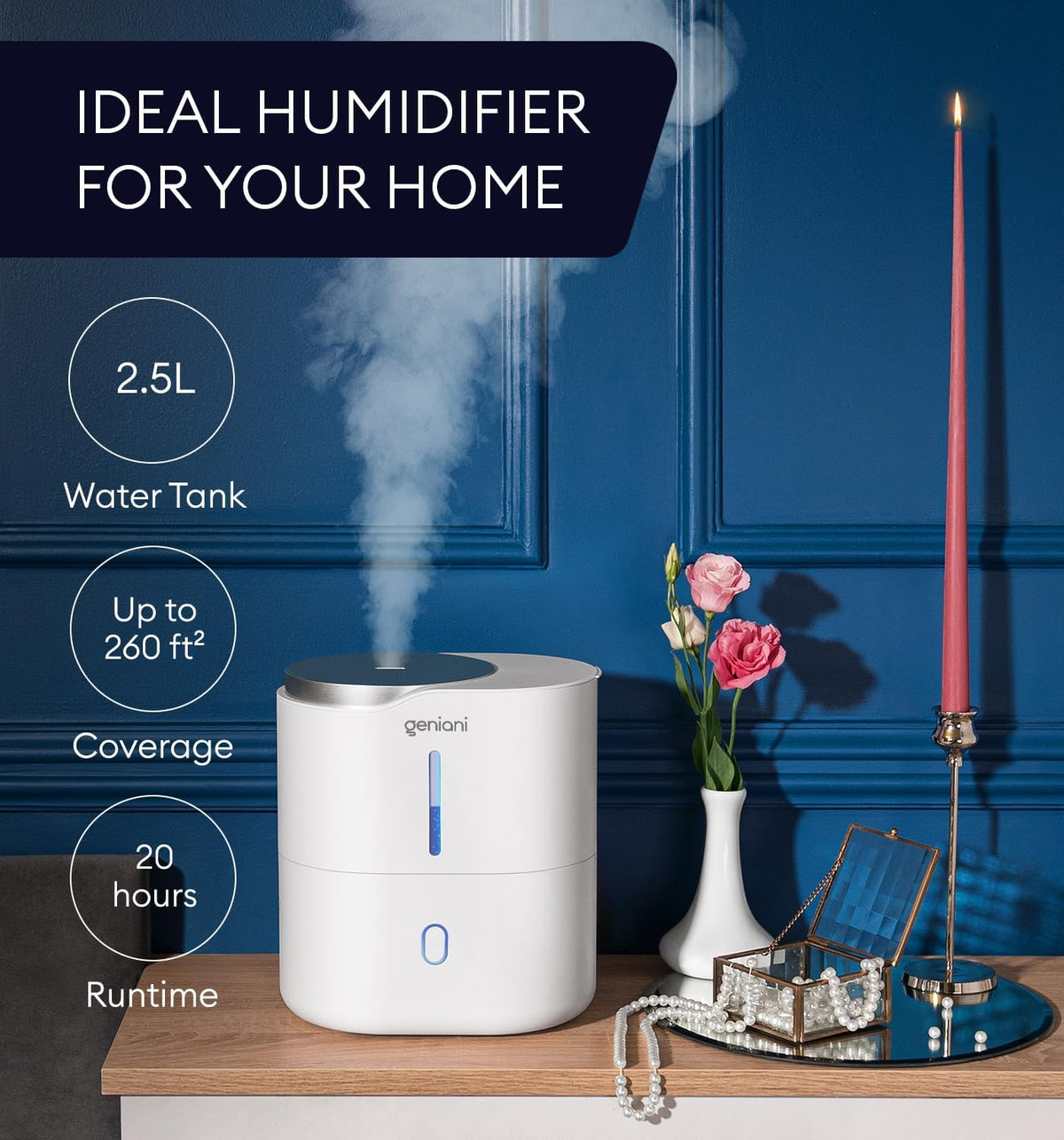 GENIANI Cool Mist Air Humidifiers for Bedroom, Plants, and Large Rooms - Quiet Humidifiers for Baby Room with Auto Shut Off & Night Light (3.9L, White)