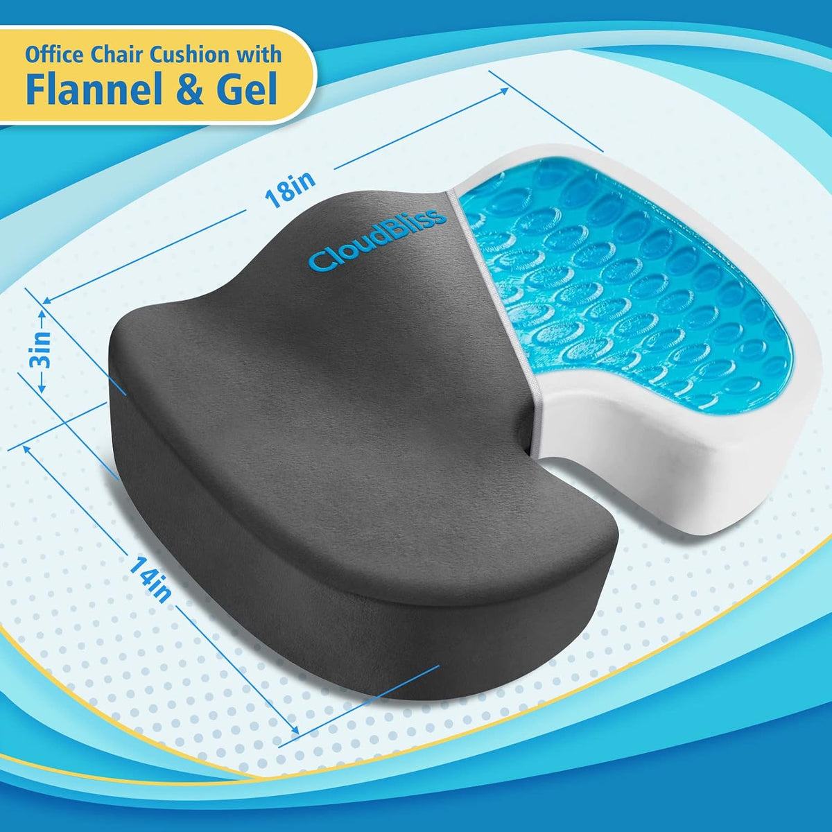 CloudBliss Gel Memory Foam Seat Cushion for Long Sitting, Large, Black