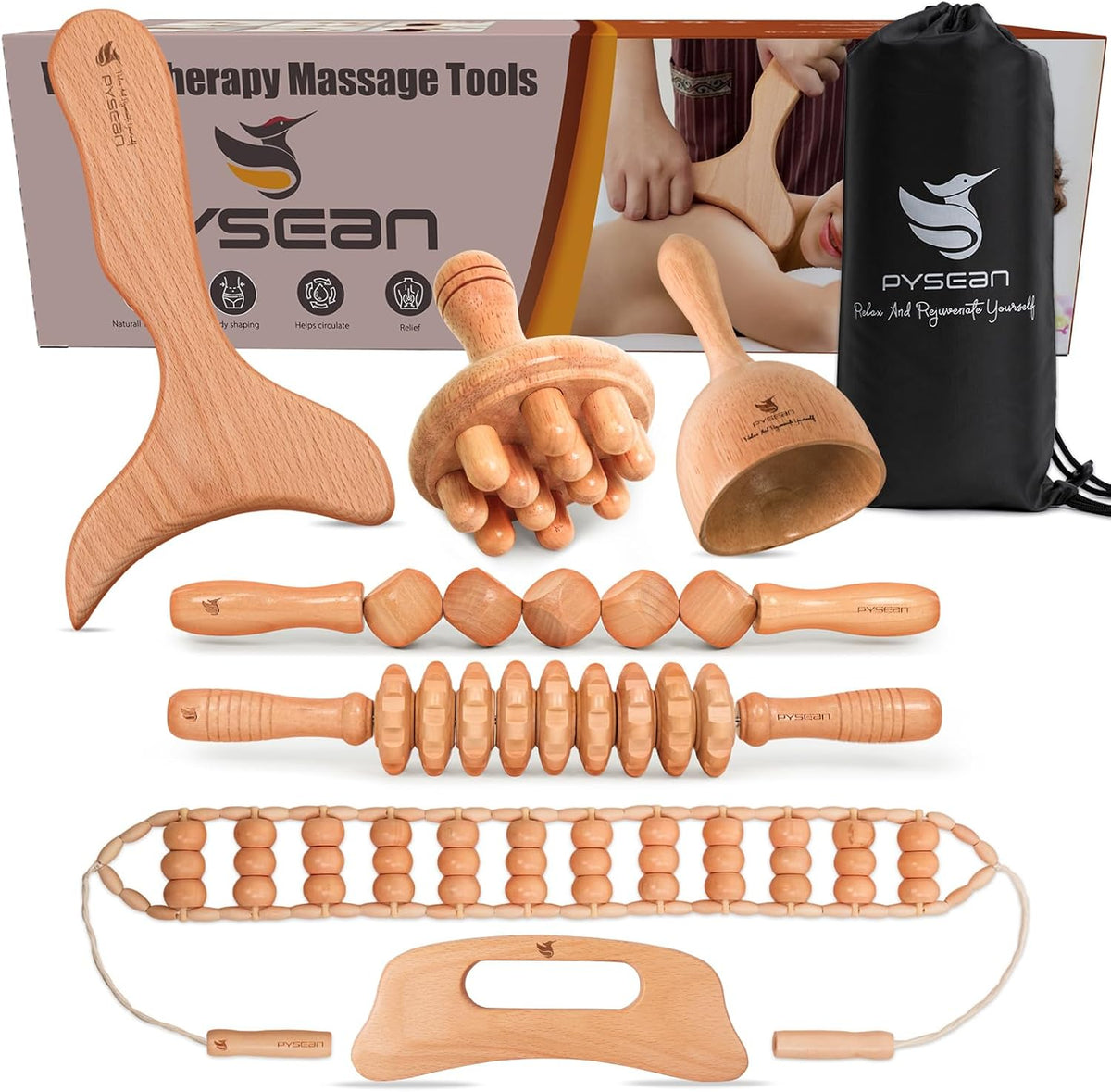 7-Piece Wooden Massage Tool Kit, Manual Body Massager Set for Home