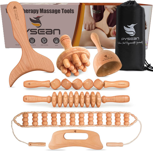 7-Piece Wooden Massage Tool Kit, Manual Body Massager Set for Home