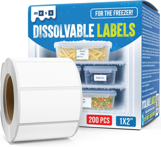 Freezer Labels 2x3 in 300/Roll, Dissolvable Removable Canning Jar Stickers | Write on with pen or marker, containers, bottles, tupperware, food storage, meal prep, pantry, deli cups, no residue