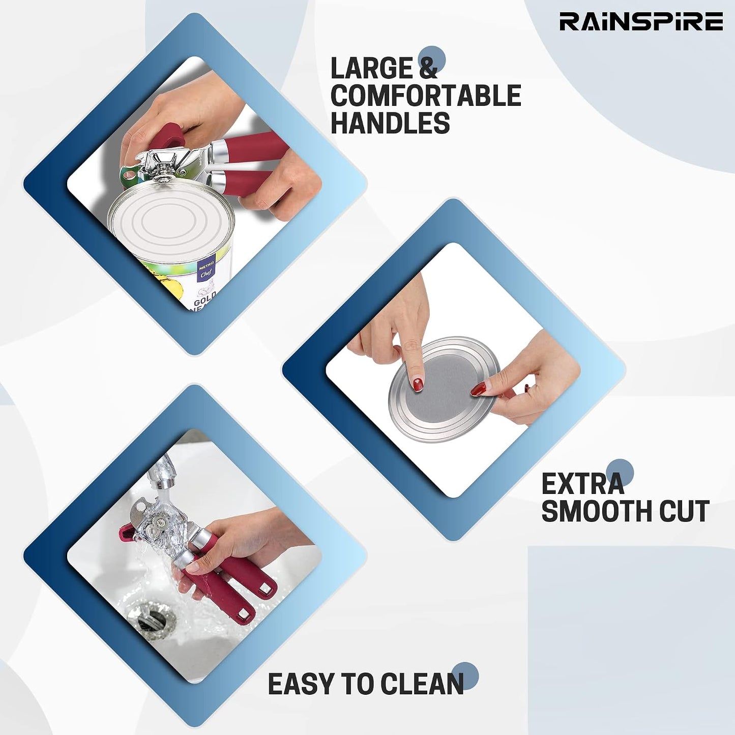 Rainspire Can Opener Manual Handheld Strong Manual Can Opener Smooth Edge Cut, Can Opener Heavy Duty, Comfortable Soft Handle, Built-in Bottle Opener, Turquoise